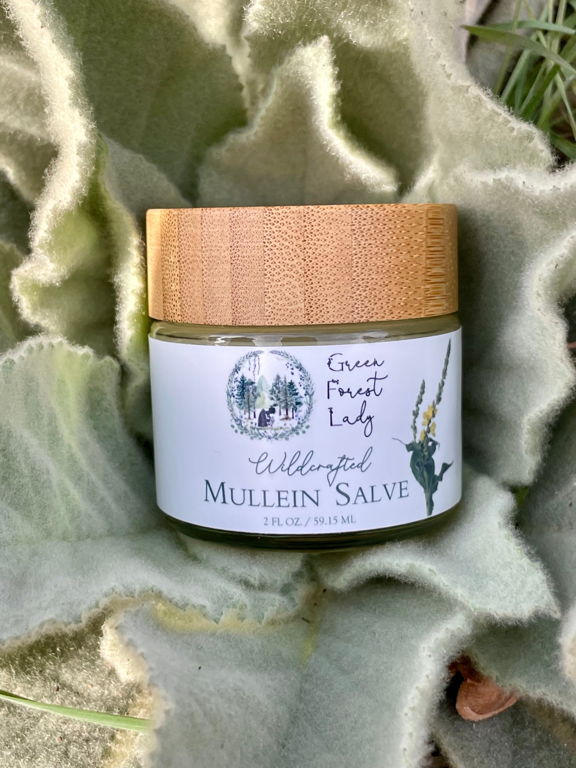 Mullein salve in a glass jar on top of mullein leaves