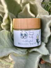 Load image into Gallery viewer, Mullein salve in a glass jar on top of mullein leaves
