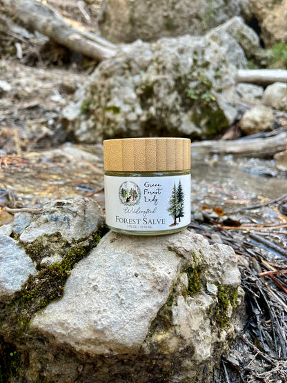 A jar of Forest Salve sitting on a large rock by a stream